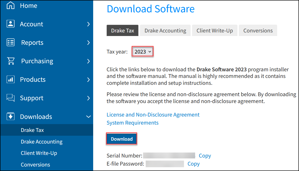 Image of tax year drop list and download button on the Drake Support website.